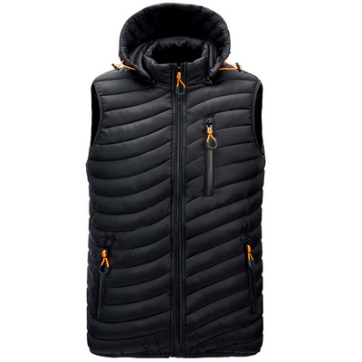 Black Puffer Vest with Hood Shiny Quilted Padded OEM Custom Position Zippered Pockets Orange Accents Men's Winter Clothing