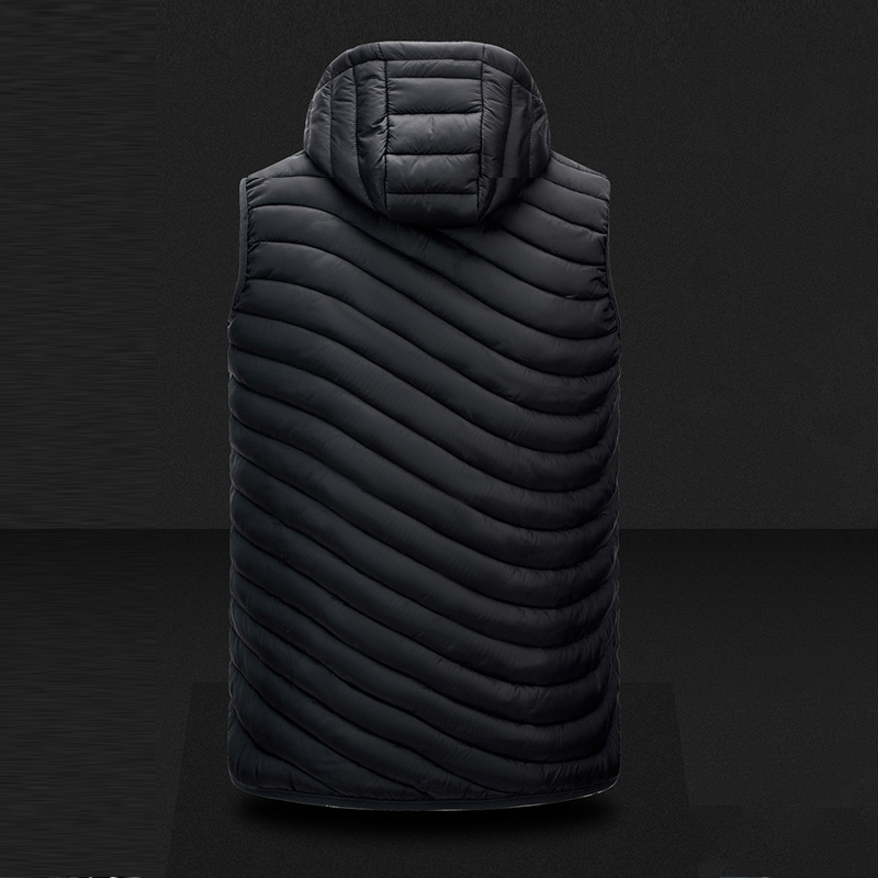 Black Puffer Vest with Hood Shiny Quilted Padded OEM Custom Position Zippered Pockets Orange Accents Men's Winter Clothing