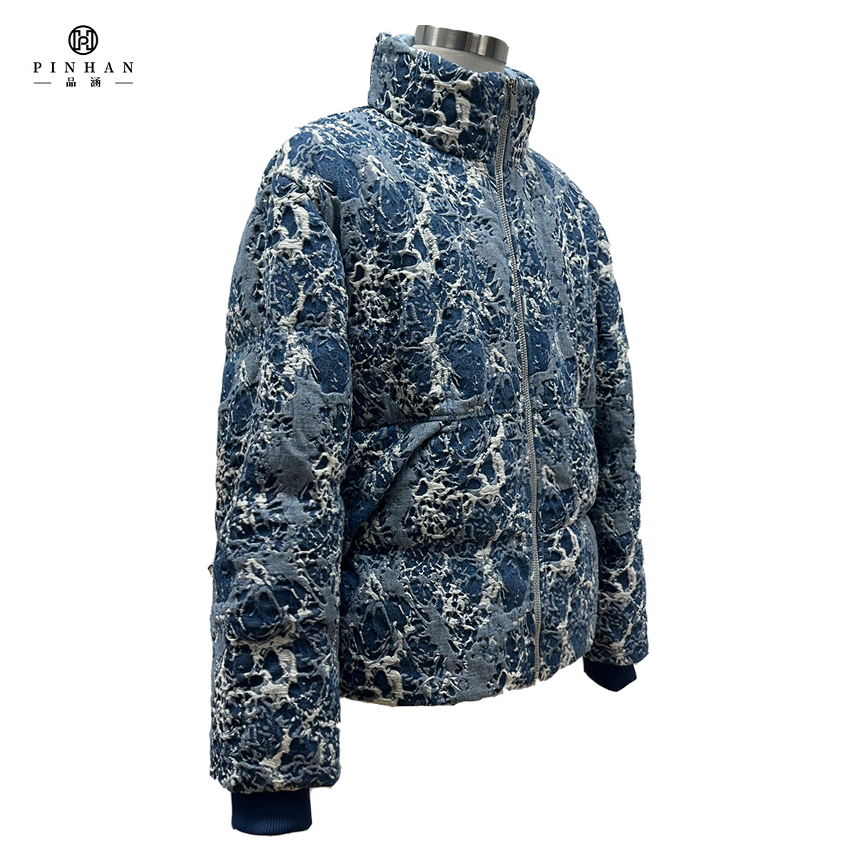 Men's Fuji mountain picture jean fabric blue jacket with stand collar zipper placket down jacket men