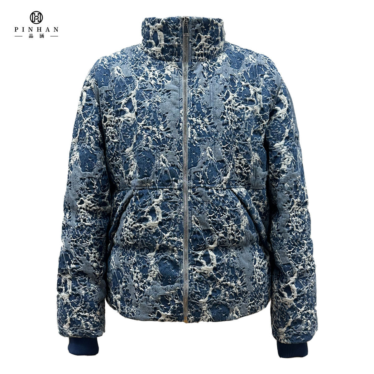 Men's Fuji mountain picture jean fabric blue jacket with stand collar zipper placket down jacket men