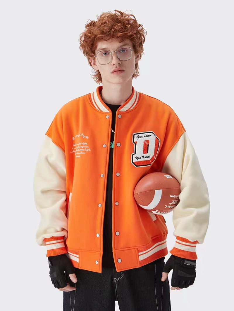 Custom logo orange baseball varsity jacket oversize loose letterman coat unisex school uniform streetwear men's jacket