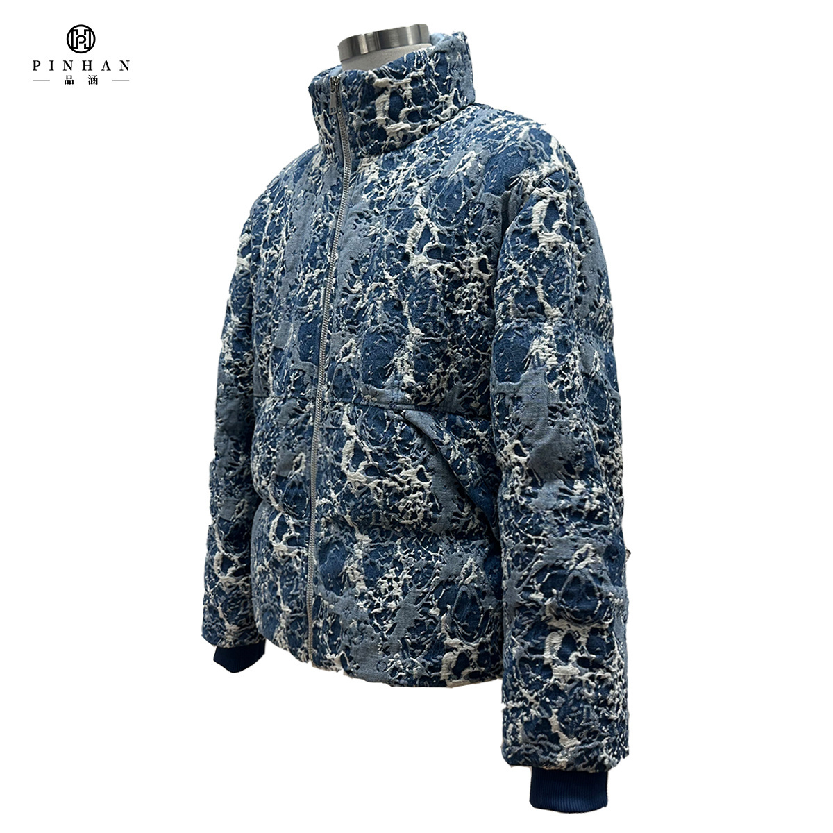 Men's Fuji mountain picture jean fabric blue jacket with stand collar zipper placket down jacket men