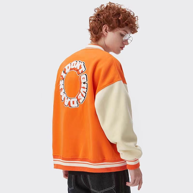 Custom logo orange baseball varsity jacket oversize loose letterman coat unisex school uniform streetwear men's jacket