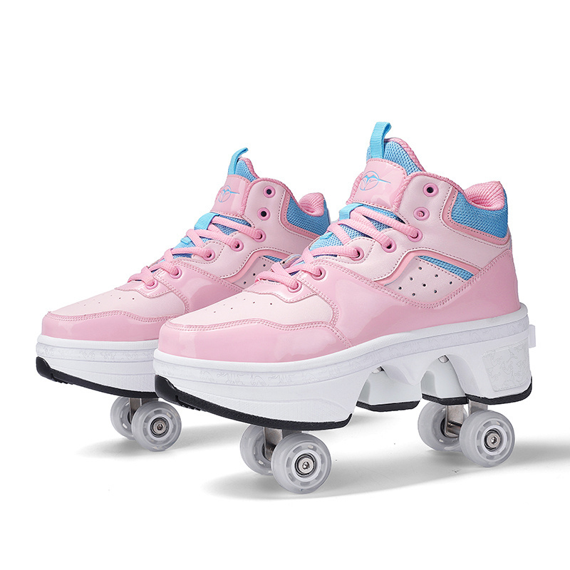 Deformation Walking Roller Shoes Outdoor Sports Kick Out Top Roller Skates Shoes With Retractable 4 Wheels