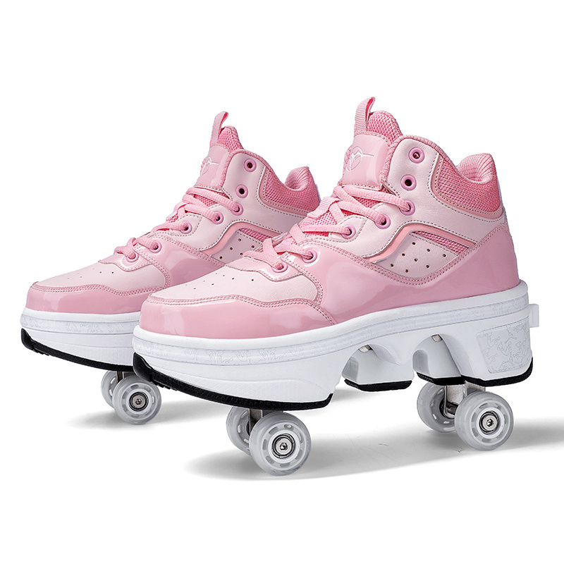 Deformation Walking Roller Shoes Outdoor Sports Kick Out Top Roller Skates Shoes With Retractable 4 Wheels