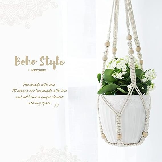 Macrame Plant Hanger Wood Beads Decorative Flower Pot Holder for indoor and outdoor