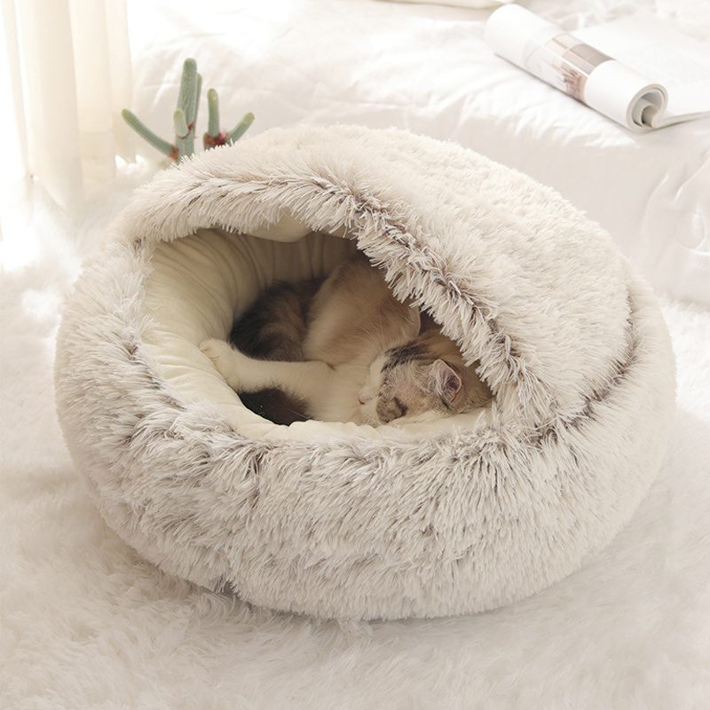 Hot Sale Winter Cat Bed Long Plush Pet Cat Cushion Warm Sleep Bag Bed Round Half-Pack Cat Basket Lounger Nest