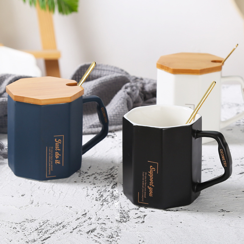 Scandinavian Style Creative Octagonal Gift Mug with Lid and Spoon diamond shape simple coffee cup ceramic mug