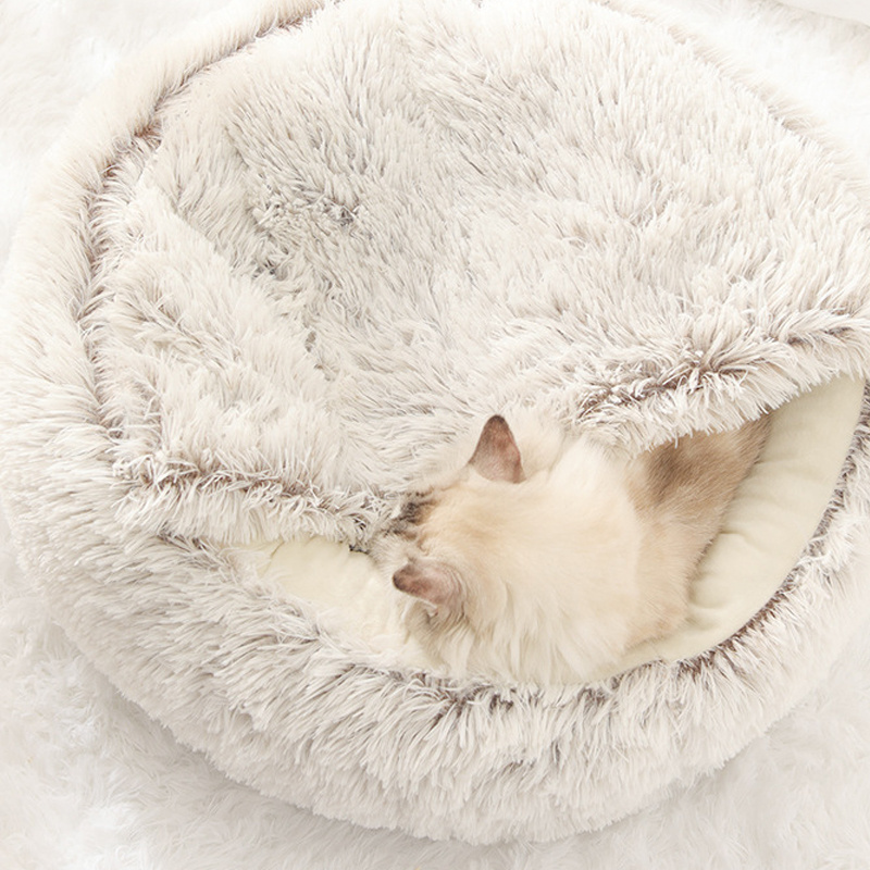 Hot Sale Winter Cat Bed Long Plush Pet Cat Cushion Warm Sleep Bag Bed Round Half-Pack Cat Basket Lounger Nest