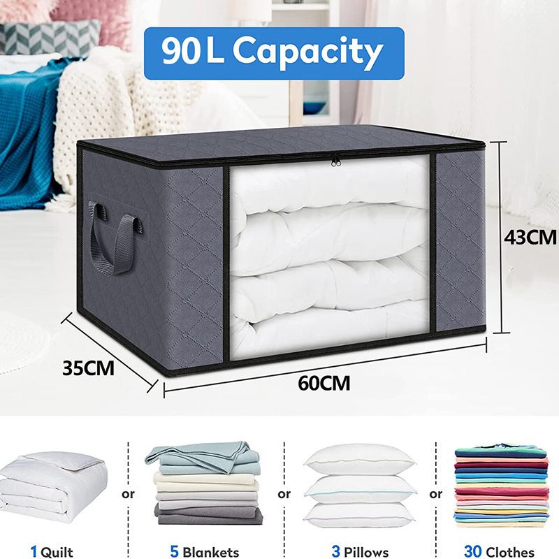 Foldable Blanket Storage Boxs for Organizing Bedroom Closet Clothing Storage with Lids and Handle grey