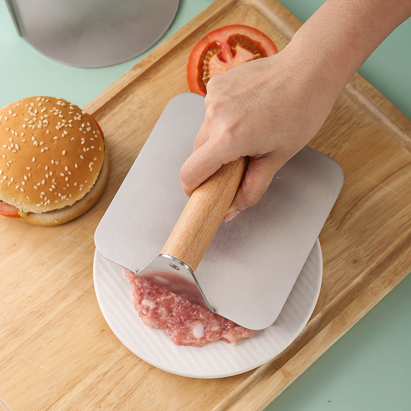 round Square Manual Meat Press with Beech Handle Stainless Steel Kitchen Tool for Hamburger and Meatloaf Pressing