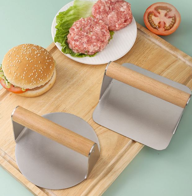 round Square Manual Meat Press with Beech Handle Stainless Steel Kitchen Tool for Hamburger and Meatloaf Pressing