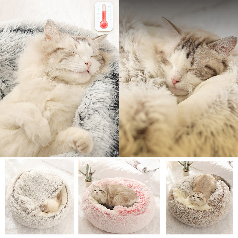 Hot Sale Winter Cat Bed Long Plush Pet Cat Cushion Warm Sleep Bag Bed Round Half-Pack Cat Basket Lounger Nest