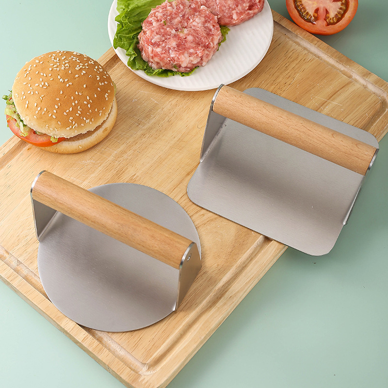 round Square Manual Meat Press with Beech Handle Stainless Steel Kitchen Tool for Hamburger and Meatloaf Pressing