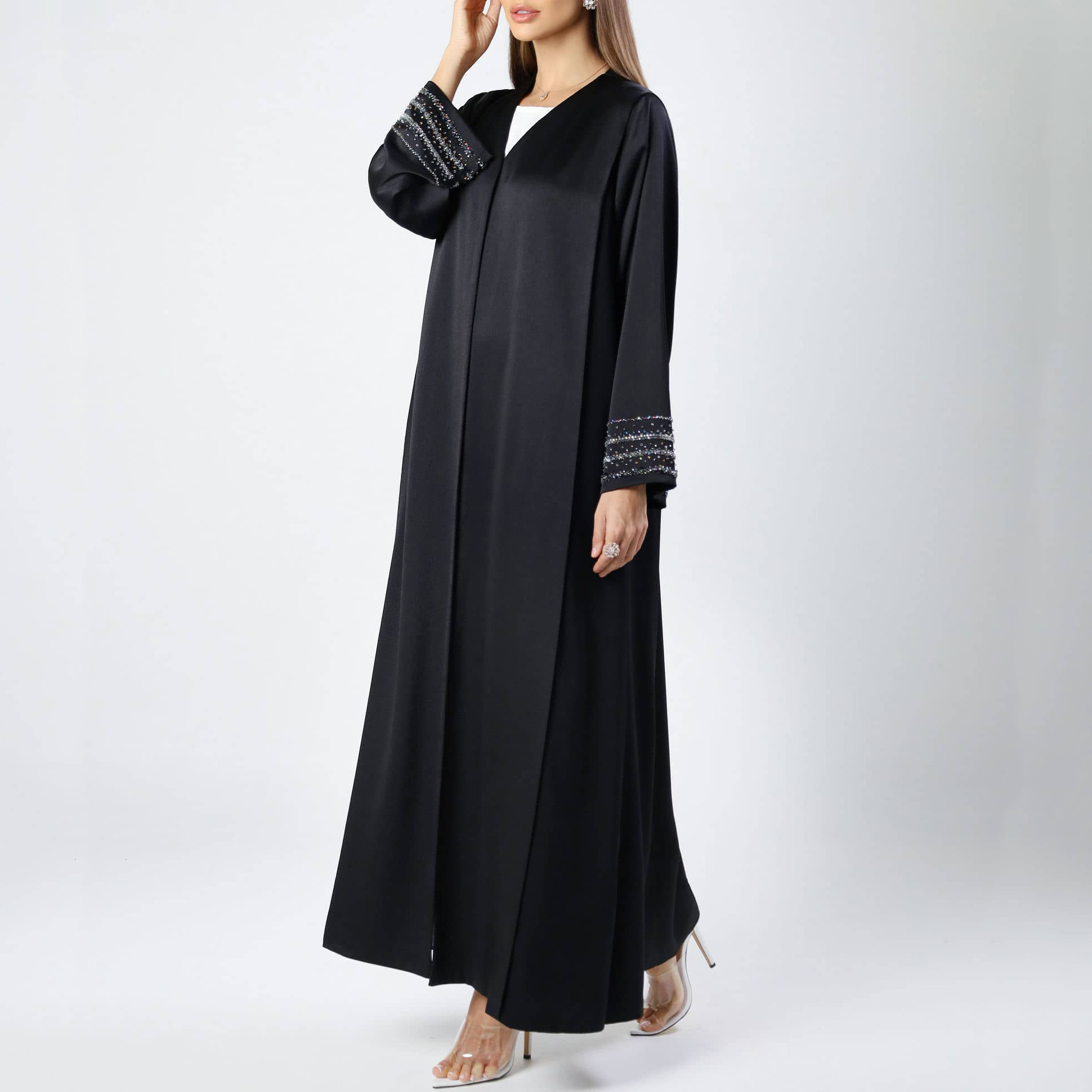 islamic clothing women dubai abaya wholesale eid prayer Ramadan beaded floral sequin embroidery nida cute black open abaya