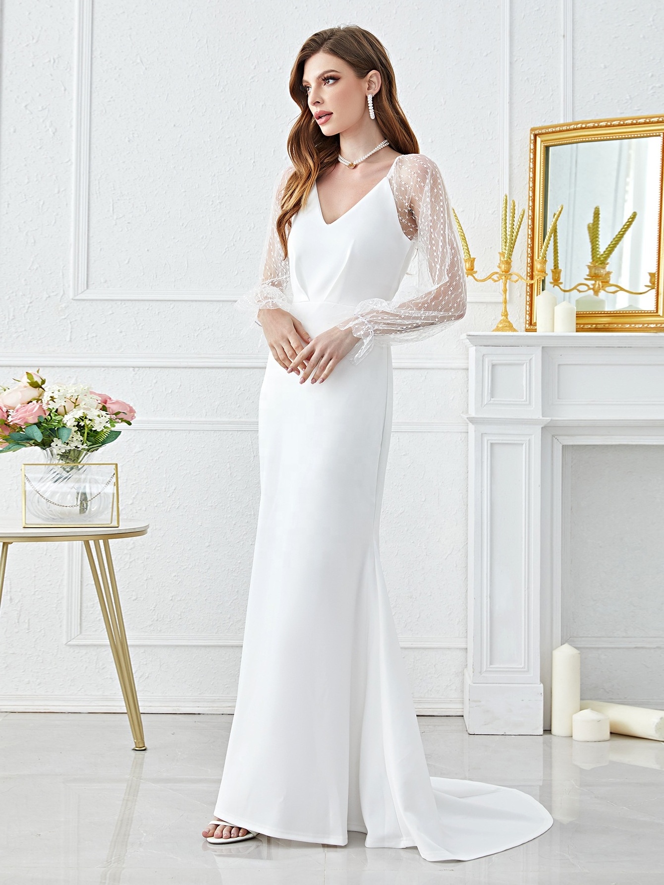 Elegant Mesh Spliced Sleeve Fishtail Dress Silk Dress Ladies Luxury Wedding Dresses Formal Thobe Arab Full Vestido De Noiva 2pcs