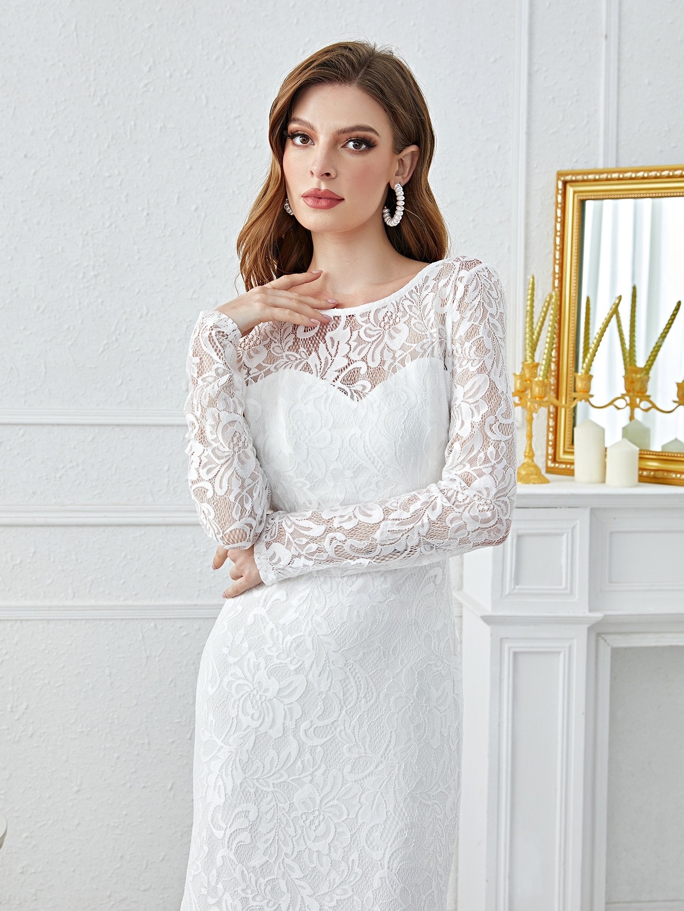 New Style Light Mature Style French Round Neck V Leaky Back Lace silk dress ladies luxury wedding dresses Formal thobe arab