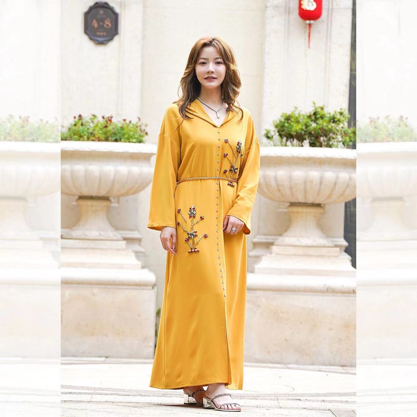 Muslim Rhinestone Hoodies Long Sleeve Maxi Dress Female Casual Split Hem Belted Pleated Kafatan Turkish Eid Abaya