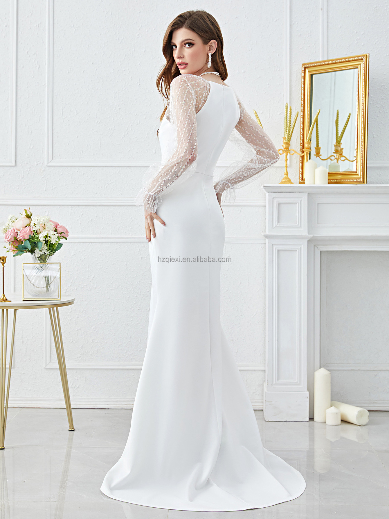 Elegant Mesh Spliced Sleeve Fishtail Dress Silk Dress Ladies Luxury Wedding Dresses Formal Thobe Arab Full Vestido De Noiva 2pcs