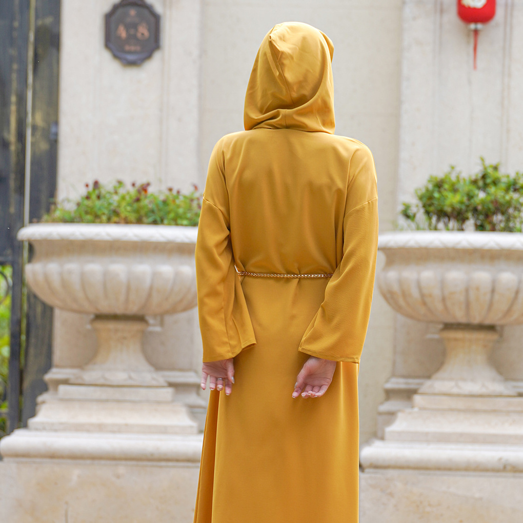 Muslim Rhinestone Hoodies Long Sleeve Maxi Dress Female Casual Split Hem Belted Pleated Kafatan Turkish Eid Abaya