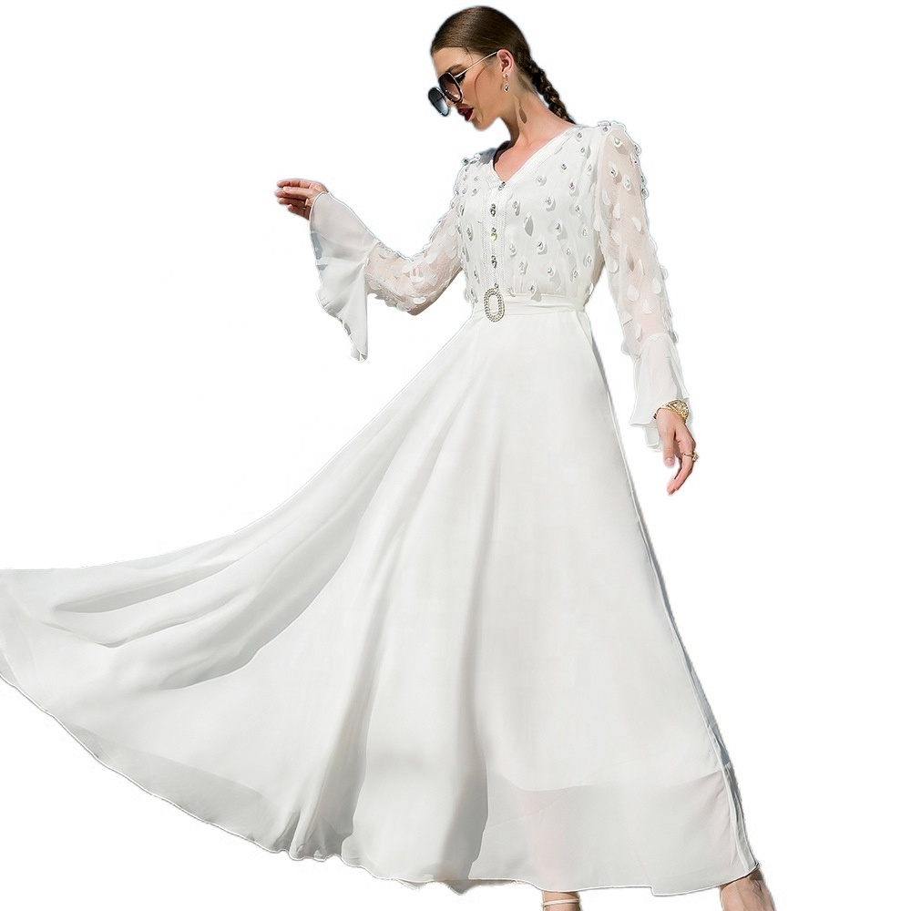 White embossed three-dimensional embroidery with colorful rhinestones silk white abaya abayas for women muslim dubai online abay