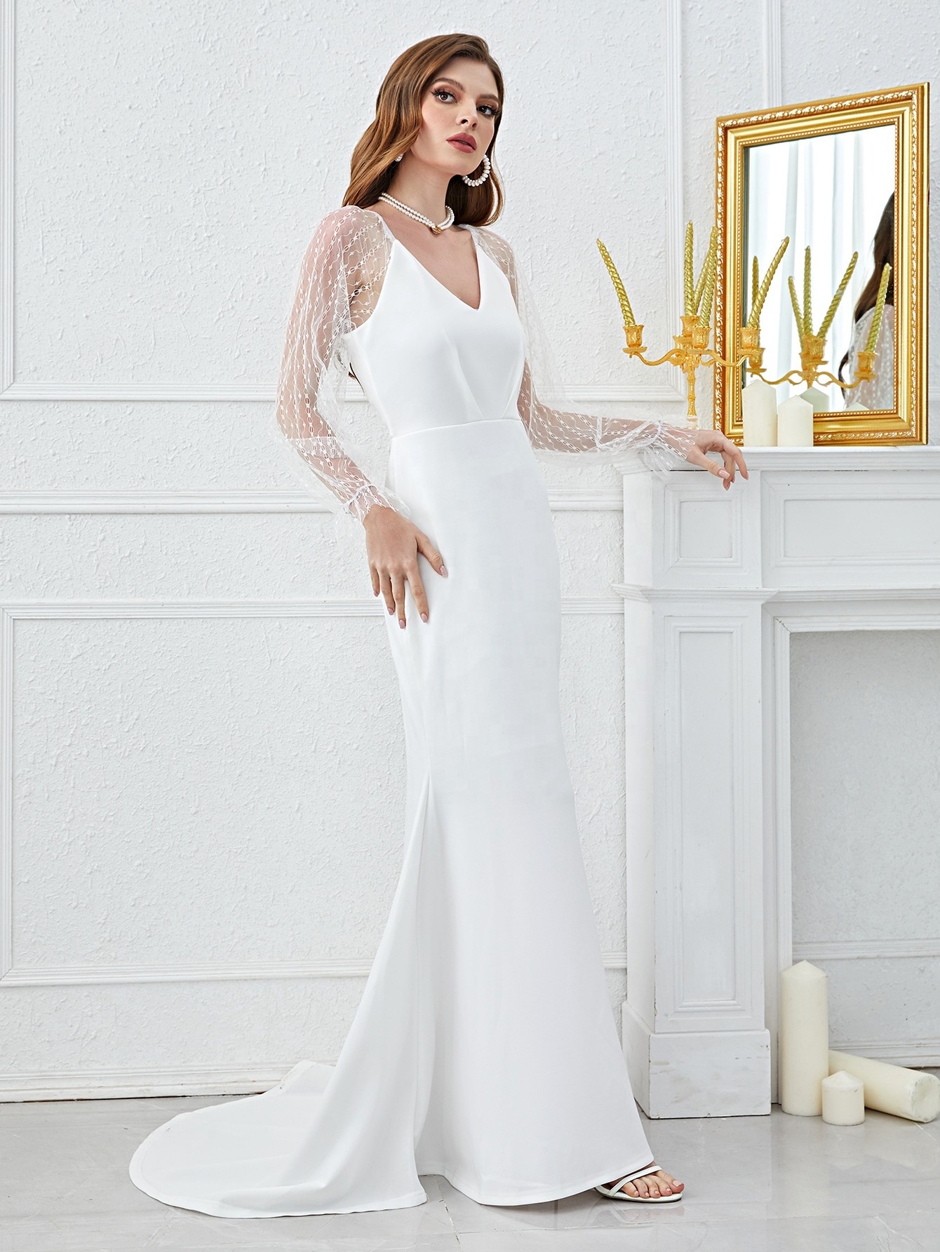 Elegant Mesh Spliced Sleeve Fishtail Dress Silk Dress Ladies Luxury Wedding Dresses Formal Thobe Arab Full Vestido De Noiva 2pcs