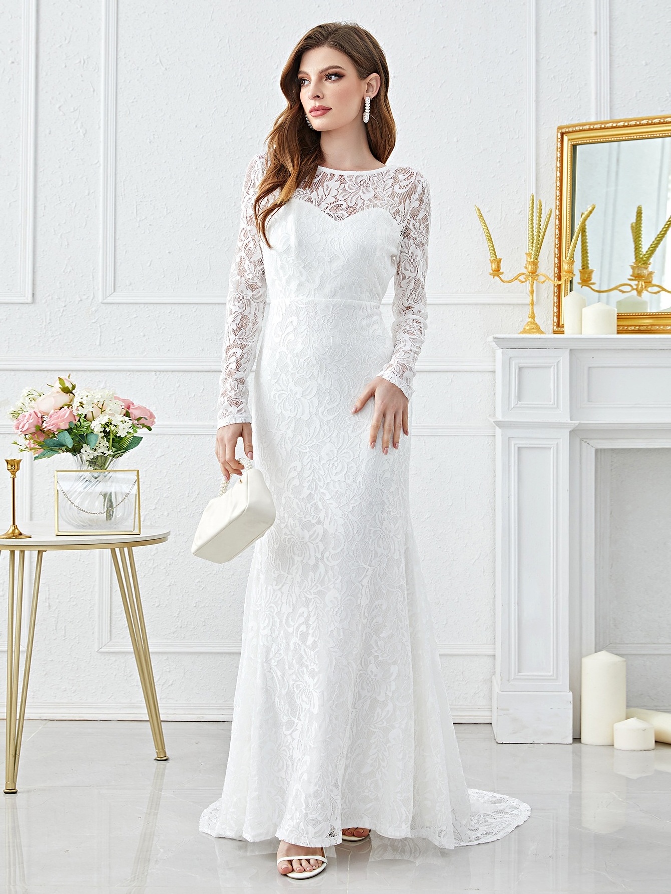 New Style Light Mature Style French Round Neck V Leaky Back Lace silk dress ladies luxury wedding dresses Formal thobe arab