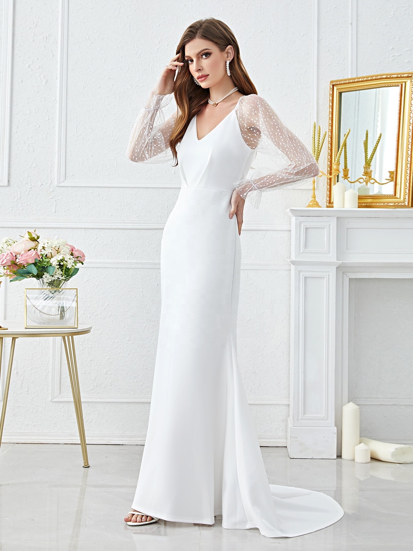 Elegant Mesh Spliced Sleeve Fishtail Dress Silk Dress Ladies Luxury Wedding Dresses Formal Thobe Arab Full Vestido De Noiva 2pcs