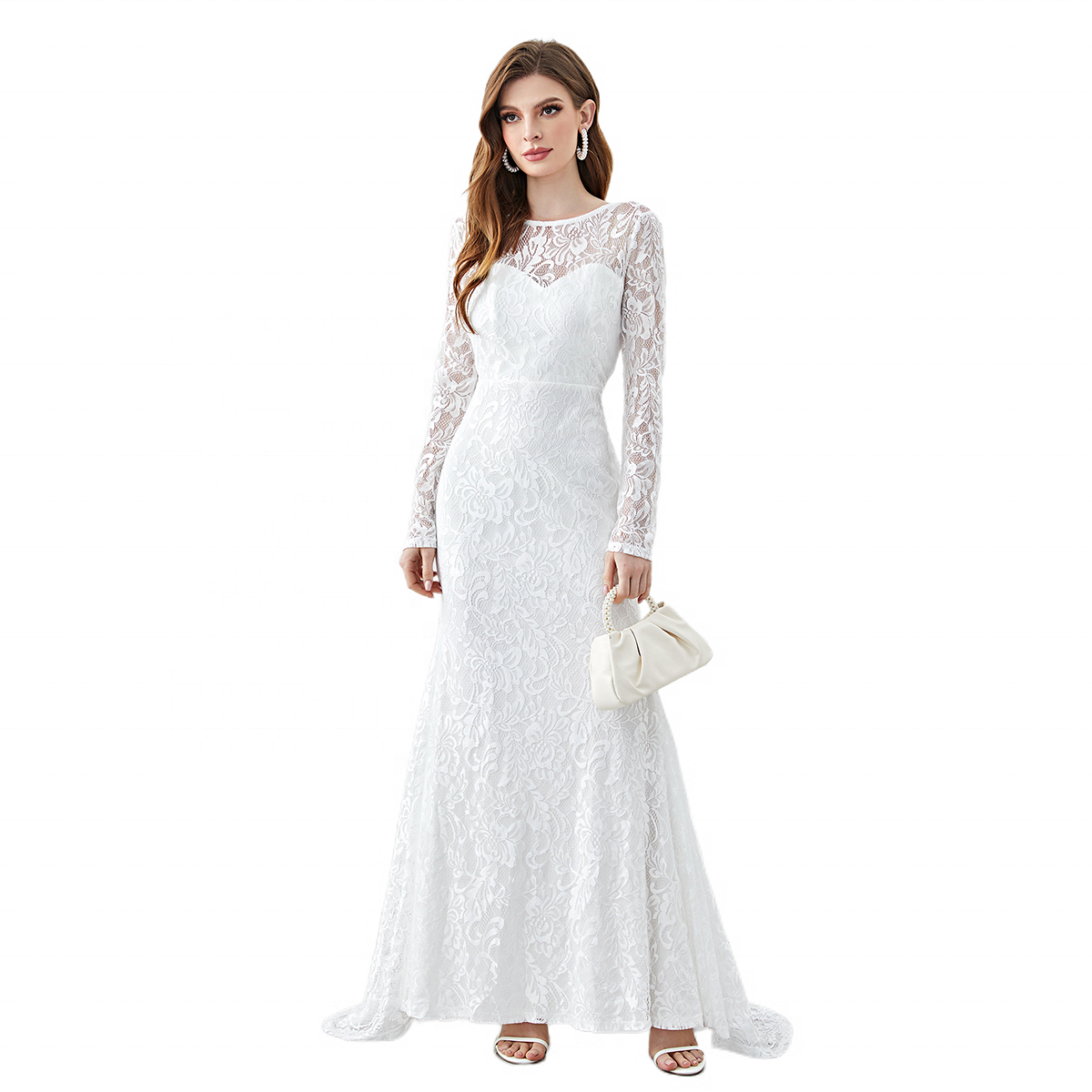 New Style Light Mature Style French Round Neck V Leaky Back Lace silk dress ladies luxury wedding dresses Formal thobe arab