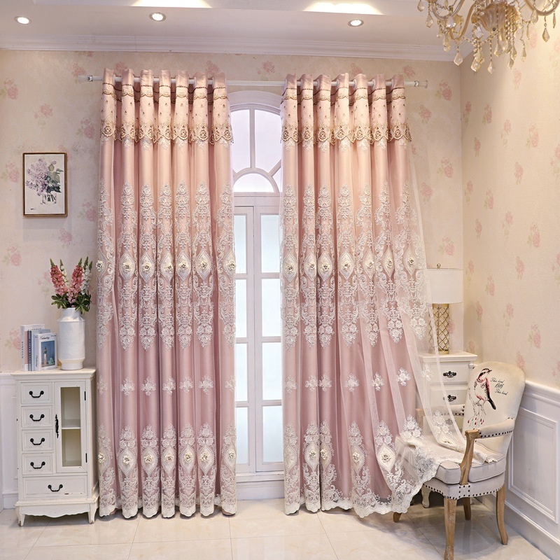 2024  hot sell  new style double layer lace embroidery blackout fabric window curtains panel for living room bedroom