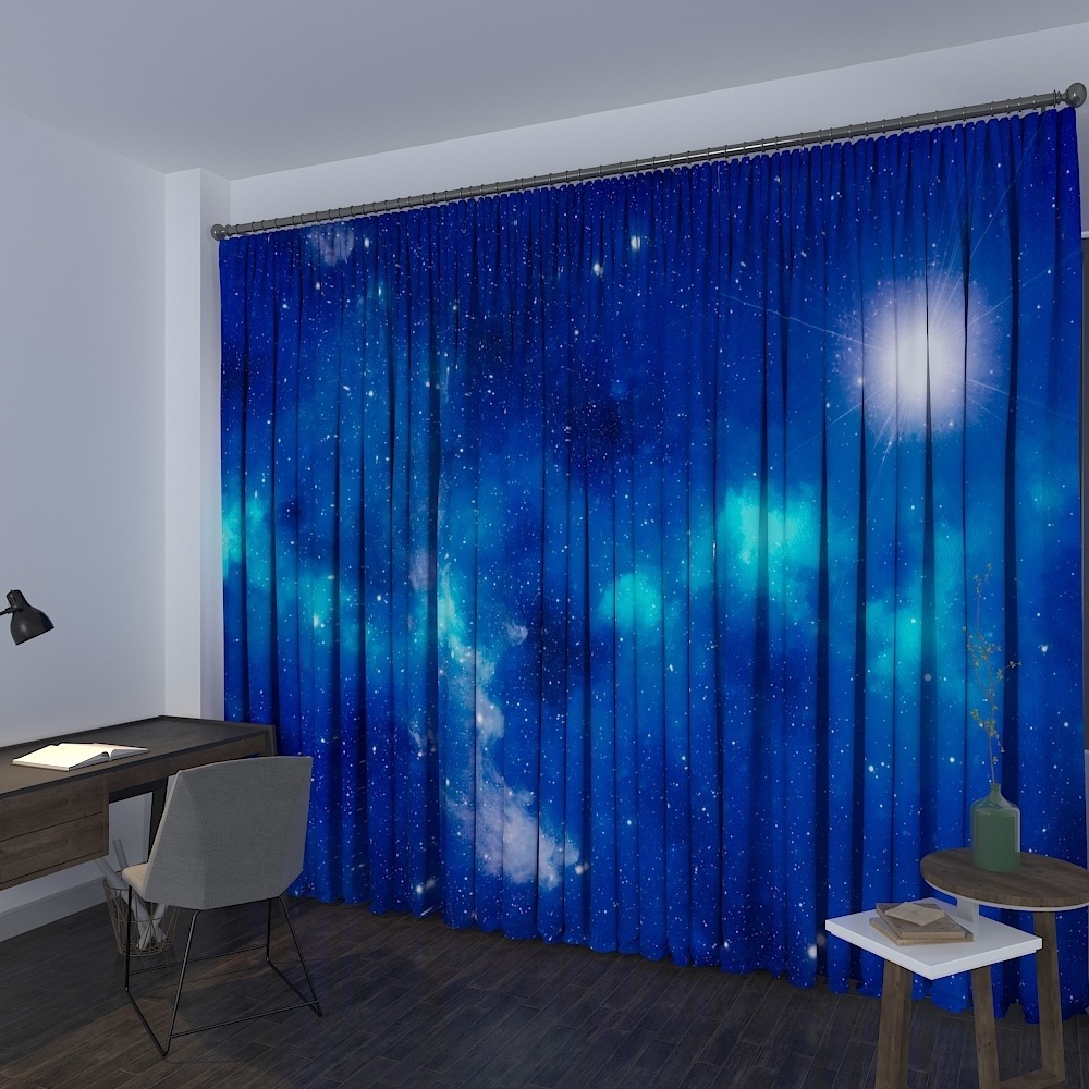 New design 100*250cm 3D stars digital printing kids boy and girl moon star blackout window curtains for bedroom in blue colour