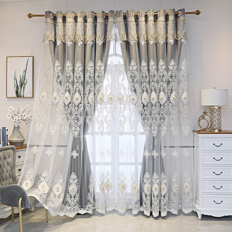 2024  hot sell  new style double layer lace embroidery blackout fabric window curtains panel for living room bedroom