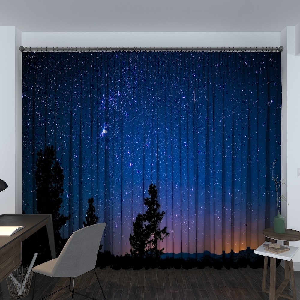 New design 100*250cm 3D stars digital printing kids boy and girl moon star blackout window curtains for bedroom in blue colour