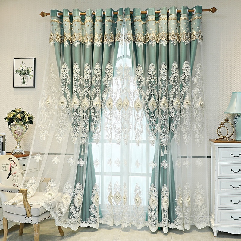 2024  hot sell  new style double layer lace embroidery blackout fabric window curtains panel for living room bedroom