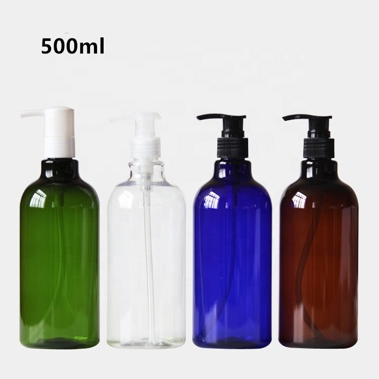 250ml 500ml 1000ml green blue amber clear PET plastic shampoo boston bottle with white clear black pump shampoo liquid dispenser