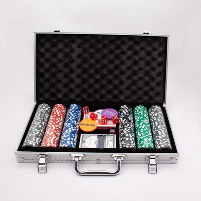 Wholesale custom 300 pieces casino poker chips 2 playing cards 5 dice case set with aluminum case