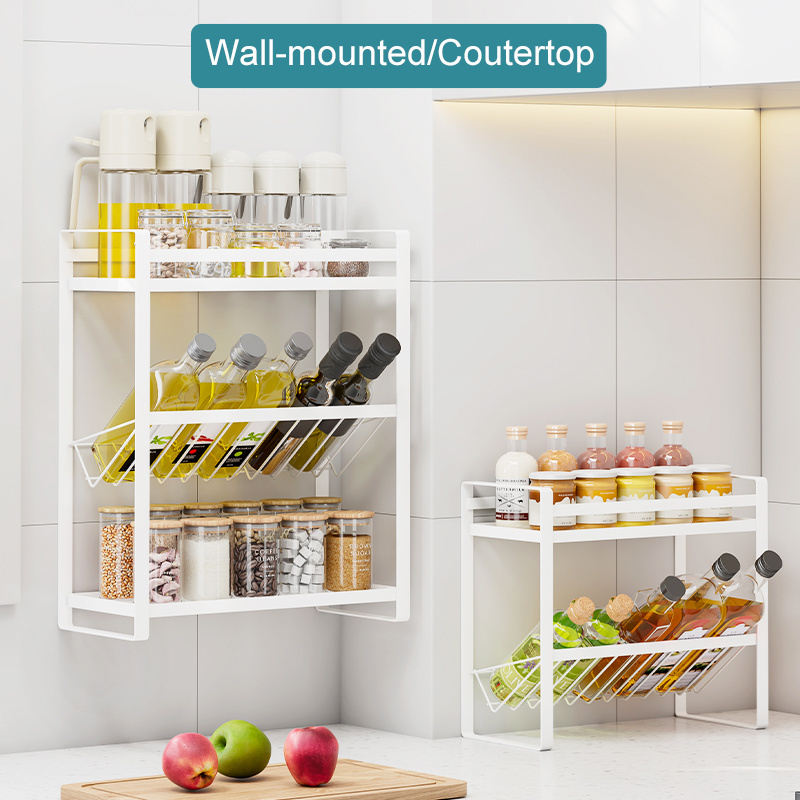 Household Kitchen Wall- Mounted Storage 2/3 Layers Heavy Duty Shelves For Bottles Wall Shelves With Slanted Spice Rack