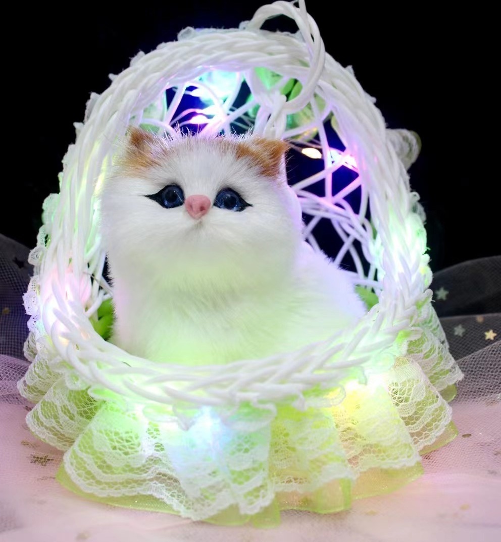 AL Basket cat with lights Plush Toys cute Simulation cat scenic crafts  creative weaving flower basket decoration