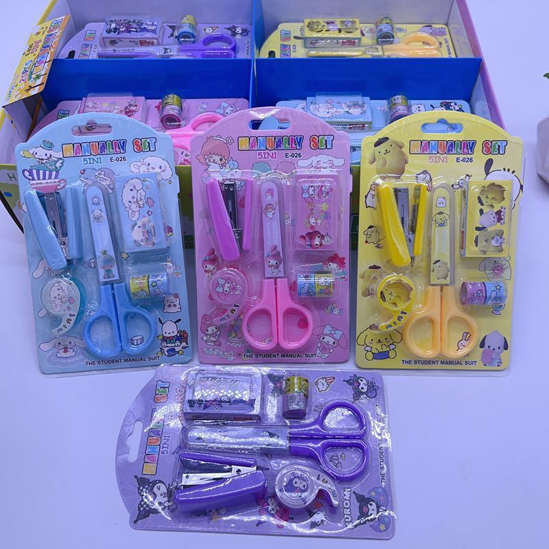 Linda Creative Melody Cinnamoroll Kuromi Scissors Stapler Tape Sticker Set School Supplies  Stationery Set Children's Gifts