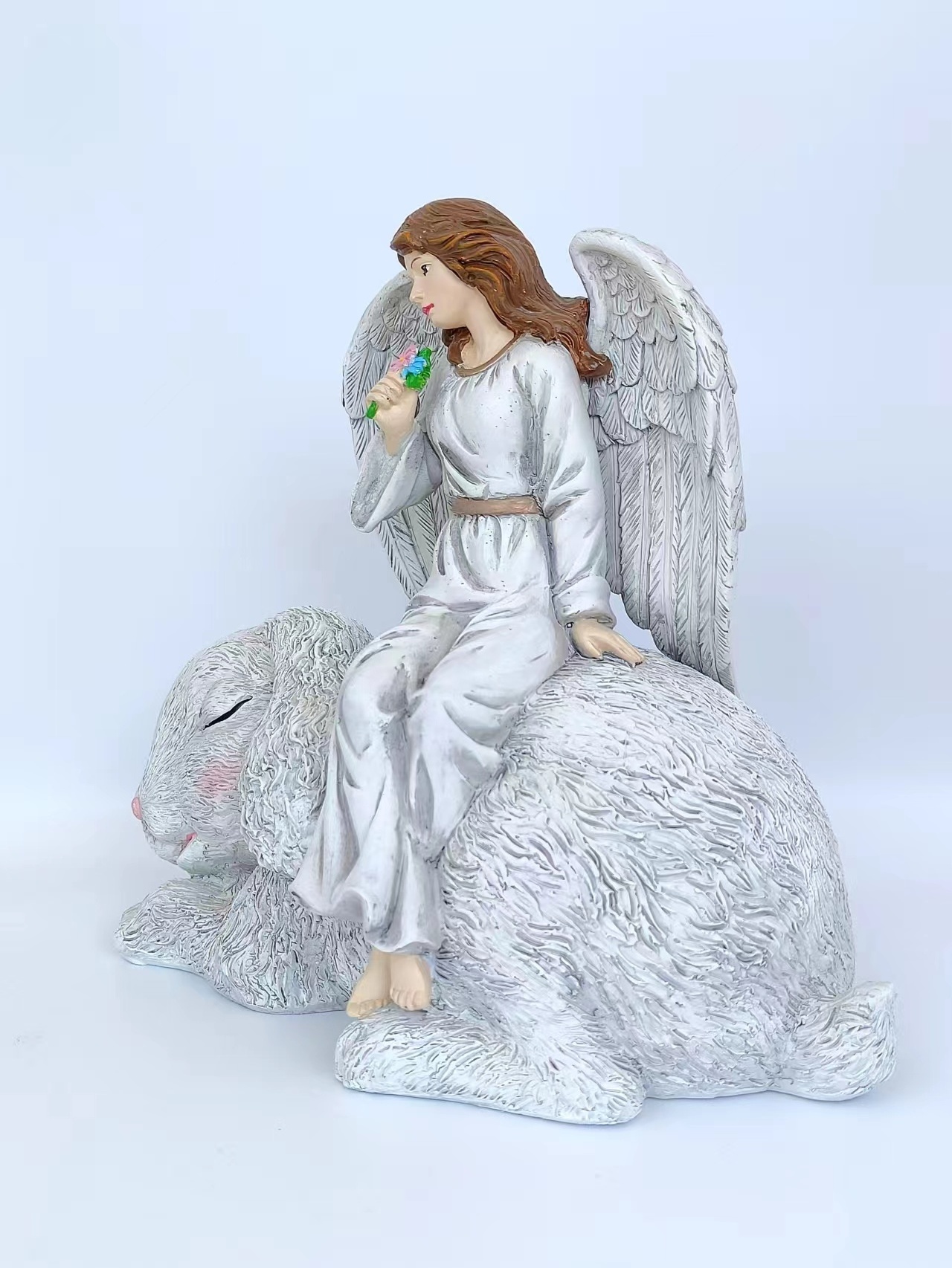 Wholesale Modern Resin Sitting Angel Statue Angel Figurine With Cute Rabbit For Home Decoration Gifts