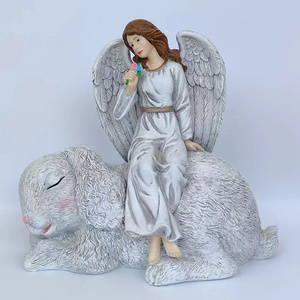 Wholesale Modern Resin Sitting Angel Statue Angel Figurine With Cute Rabbit For Home Decoration Gifts