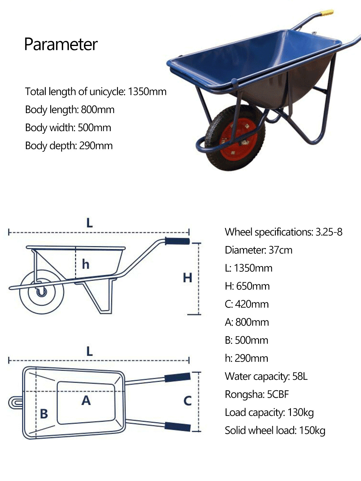 High Quality 130kg Heavy Duty Pneumatic Wheel Small Garden Wheelbarrow For Construction