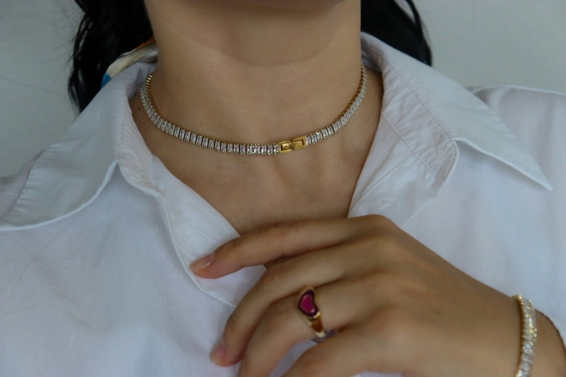 R.Gem. Waterproof 18K Gold 6mm Wide Stainless Steel Tennis Baguette Stainless Steel Choker Zircon Necklace