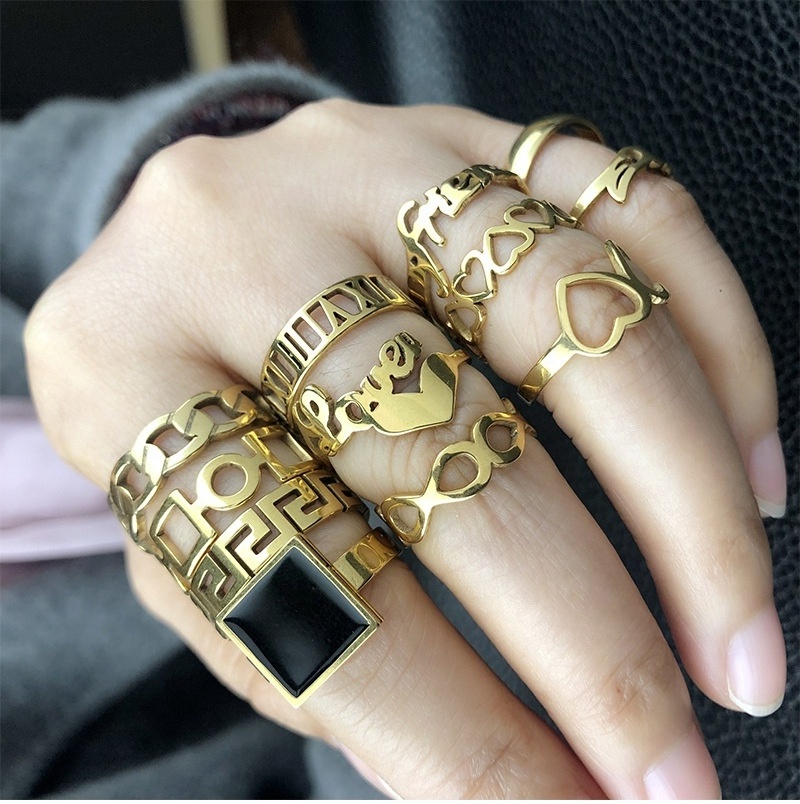 R.Gem. 18K Gold Plated Stainless Steel Joint Knot Boho Vintage Nail Midi Knuckle Wedding Finger Ring Set for Women and Girls