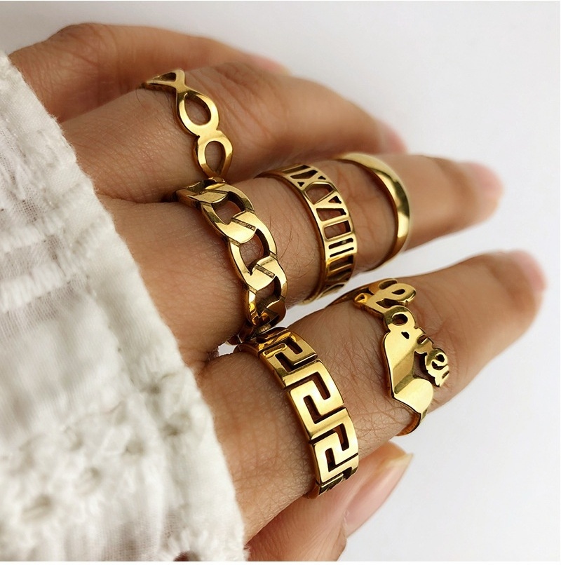 R.Gem. 18K Gold Plated Stainless Steel Joint Knot Boho Vintage Nail Midi Knuckle Wedding Finger Ring Set for Women and Girls