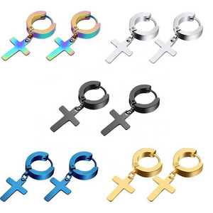 R.Gem. Hand High Polish 304 Stainless Steel Punk Style Hip Hop Hoop Dangle Hinged Stainless Steel Cross Earrings for Men