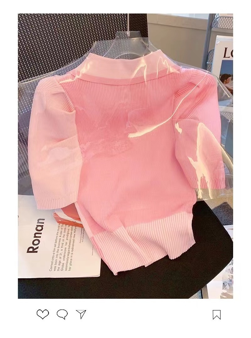 Pink cute preppy style polo neck contrast color design ice silk knitted top women's summer thin style crochet women's knitwear