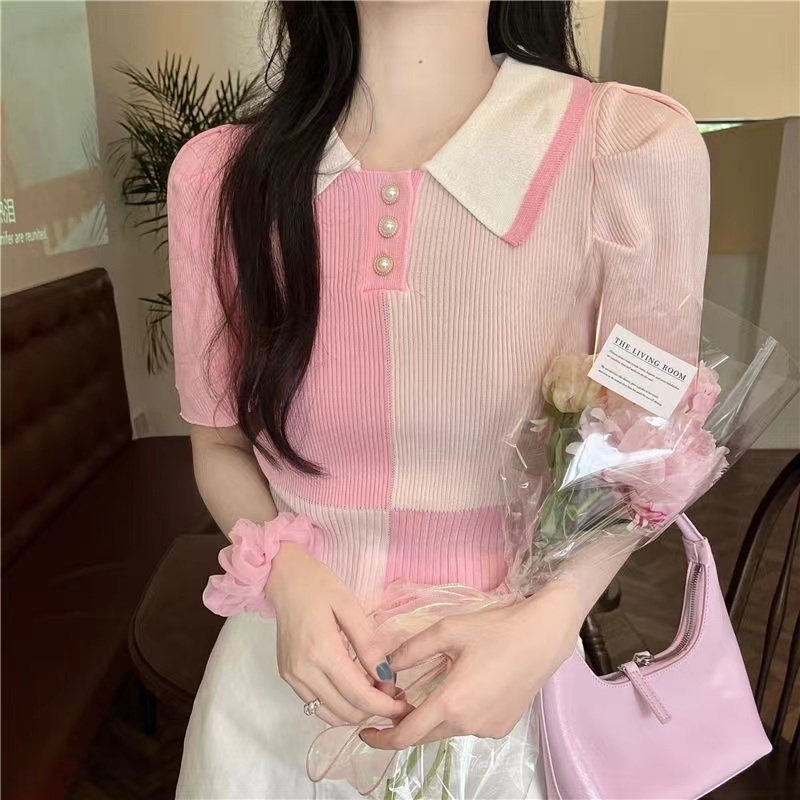 Pink cute preppy style polo neck contrast color design ice silk knitted top women's summer thin style crochet women's knitwear