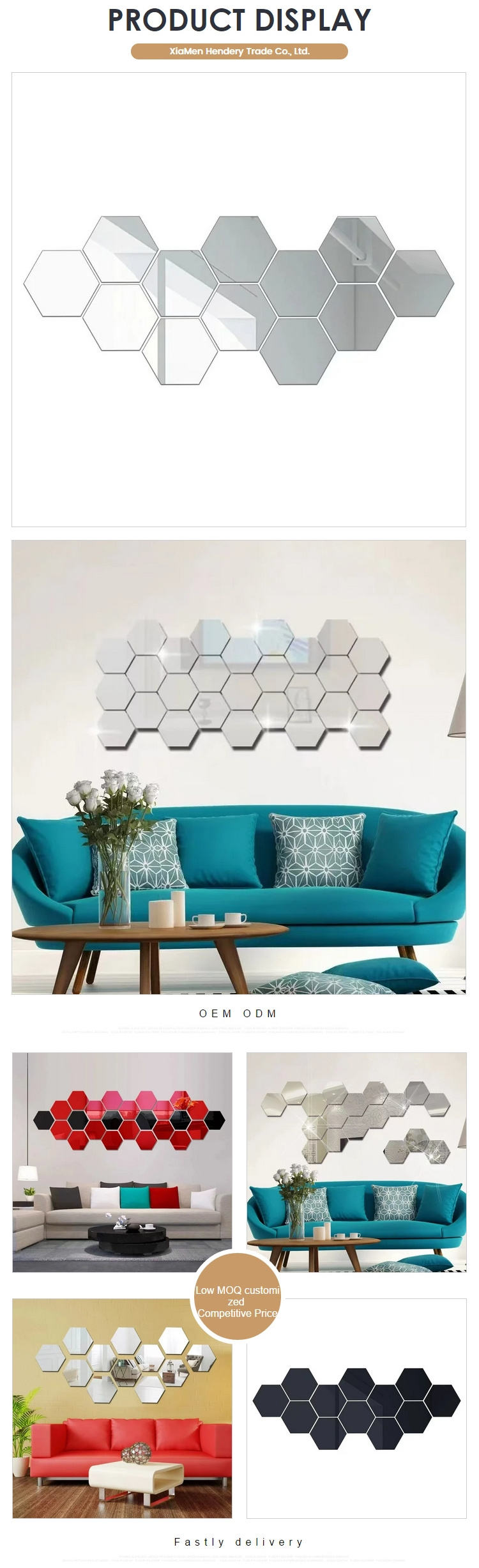 Hexagonal frame three-dimensional acrylic mirror wall sticker personalized background wall decoration for restaurant