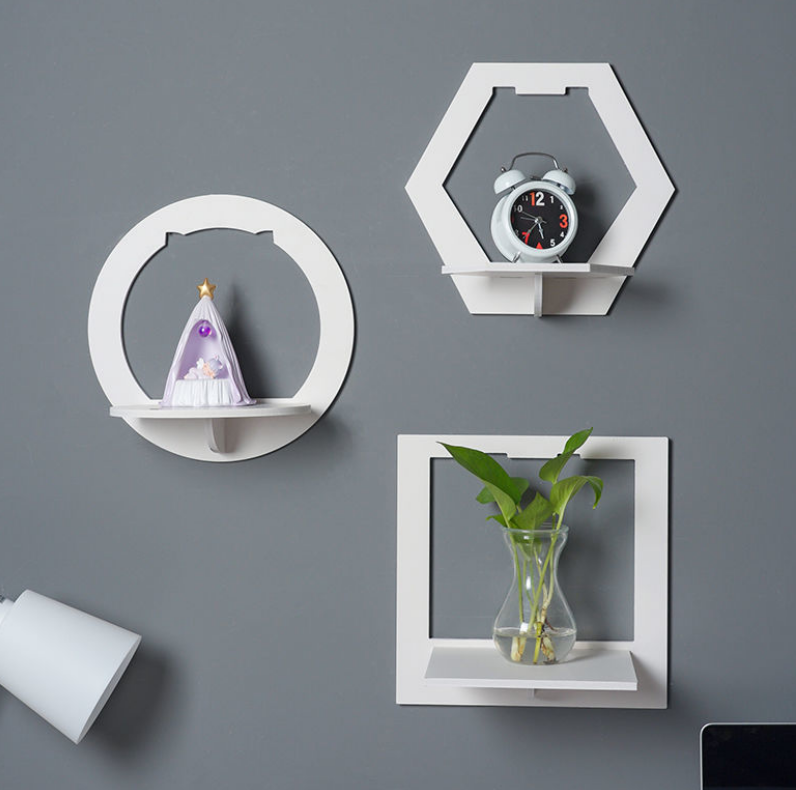 Wall Mounted Hexagon TV Background Hanger Home Decorative Storage Rack Shelf Bedroom Bedside Flower Pot Stand Art Panel Display